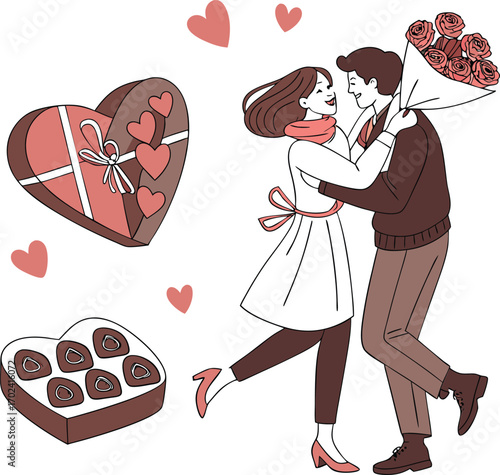 Romantic couple sharing chocolates and roses for valentine s day celebration
