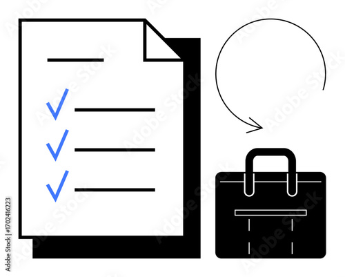 Document with checkmarks, briefcase, and arrow symbolizing task completion, planning, and progress. Ideal for productivity, workflow, efficiency, business organization planning task management