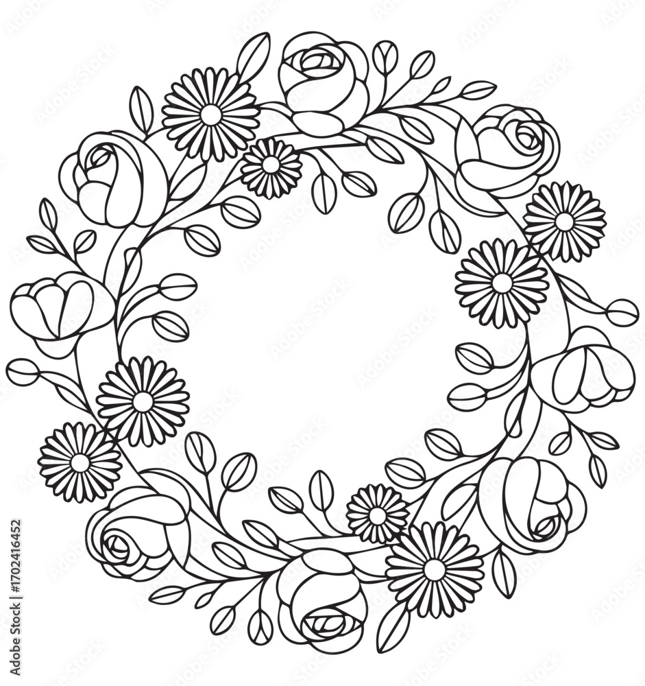 Fototapeta premium Black and white floral wreath with roses and leaves
