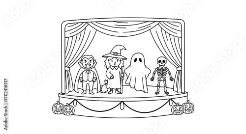 Black and white illustration of helowen kids dressed as monsters and a witch standing on a stage with curtains and a spooky decorations, conveying a playful and eerie mood.