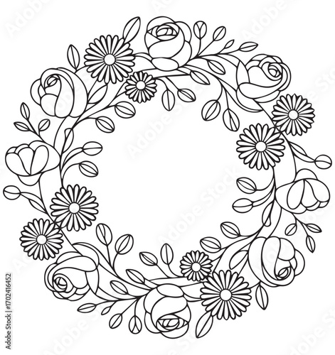 Wallpaper Mural Black and white floral wreath with roses and leaves Torontodigital.ca