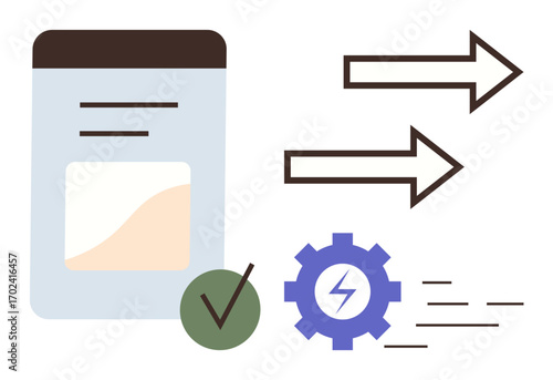 Document and chart next to arrows showing data flow, gear with lightning for efficiency, green checkmark indicating completion. Ideal for process tracking, automation, data flow, progress, success