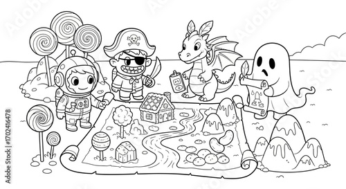 Black and white illustration of helowen kids playing with toys and sweets in a spooky scene with a dragon, pirate, astronaut, and ghost.