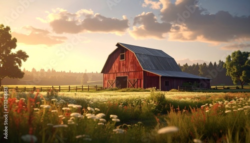 Vibrant Red Barn Surrounded by Lush Green Fields at Sunset