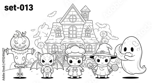 Black and white illustration of helowen kids in costumes standing in front of a spooky haunted house with a ghost, witch, vampire, and pumpkin character, conveying a playful and eerie mood.