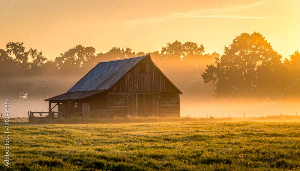Serene Sunrise Over Rustic Barn in Misty Landscape at Dawn Serene Sunrise Over Rustic Barn in Misty Landscape at Dawn