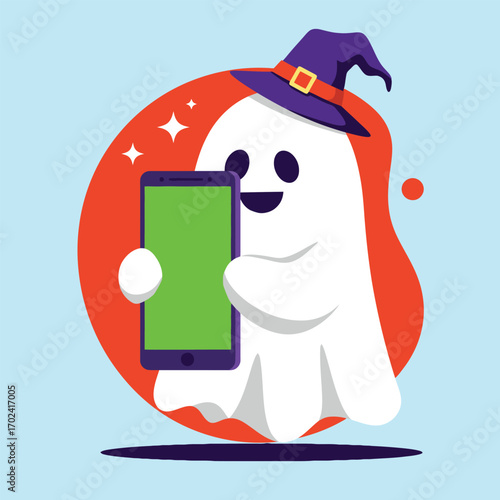 Vector of a ghost holding a smartphone with green screen, symbolizing digital Halloween, flat playful design. 