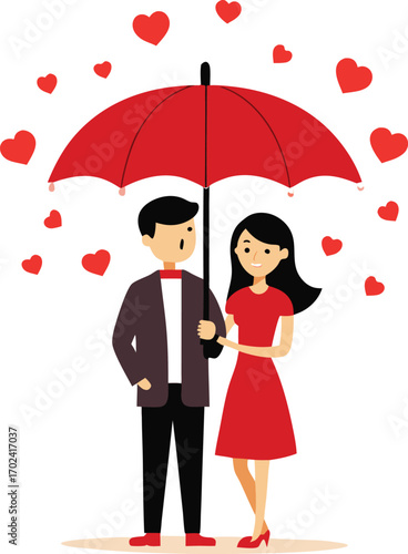 Romantic couple sharing an umbrella with red hearts symbolizing love and affection
