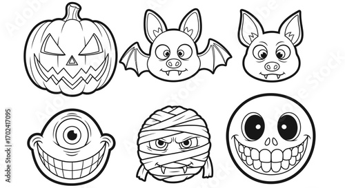 A digital illustration of six Halloween-themed cartoon faces including a jack-o-lantern, bat, vampire, monster eye, mummy, and smiley skull, all in a simple line drawing style on a white