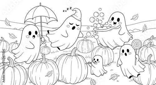 Black and white illustration of happy Halloween kids ghosts playing with pumpkins and bubbles in a spooky yet joyful scene.