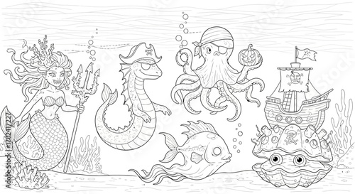 A black and white line drawing illustration of a group of helowen kids sea creatures including a mermaid, dragon, octopus, fish and crab with a pirate ship in the background on a white