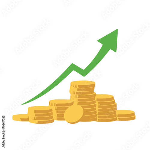 Pile coins with green arrow pointing up