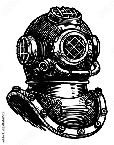 Retro Deep Sea Diving Helmet Vintage Engraving Black and White Outline Line Art Drawing Simple Logo