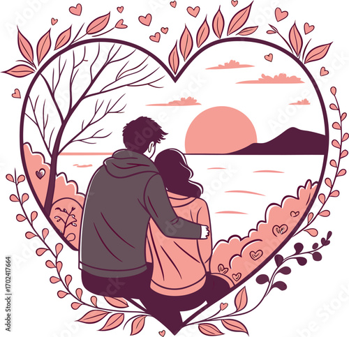 Romantic couple silhouette watching a vibrant sunset inside a heart shape