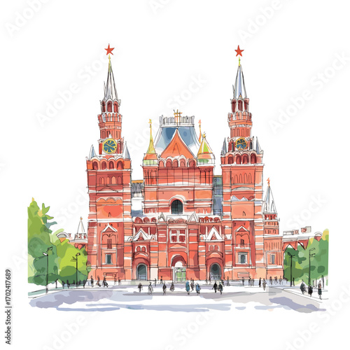 Red Square and State Historical Museum. Red Square and State Historical Museum watercolor vector illustration