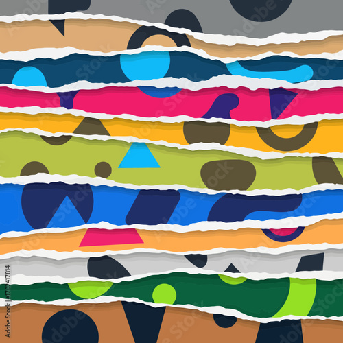 Colorful abstract geometric shapes torn paper effect silhouette isolated on white background