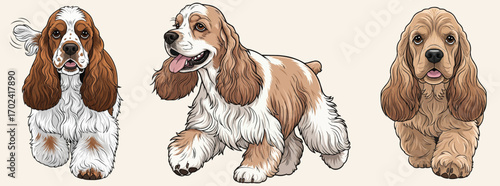 American Cocker Spaniel dog walking pose set vector illustration