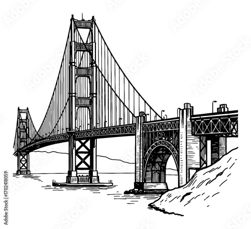 Golden Gate Bridge Iconic Landmark Side View Black and White Outline Line Art Drawing Engraving Style