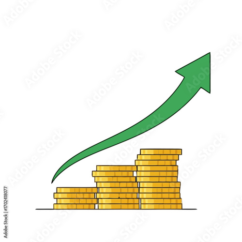 Stack golden coins with green arrow pointing up