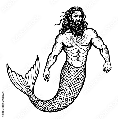 Muscular Merman Man with Beard and Long Hair Full Body Shot Black and White Outline Line Art Drawing