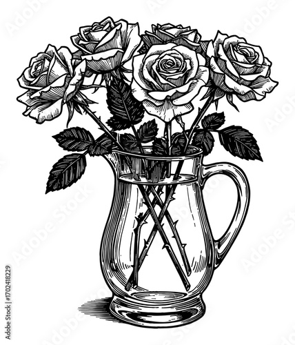 Beautiful Roses Bouquet in a Transparent Glass Pitcher Detailed Black and White Outline Line Art Drawing