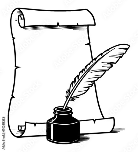 Quill Pen Inkwell and Scroll Paper Vintage Black and White Outline Line Art Drawing Calligraphy Tool