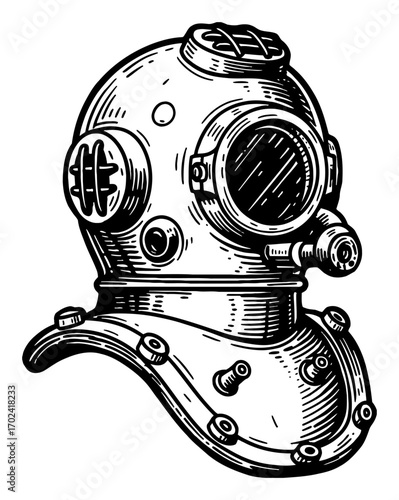 Retro Deep Sea Dive Helmet Simple Logo Black and White Outline Line Art Drawing Vintage Object