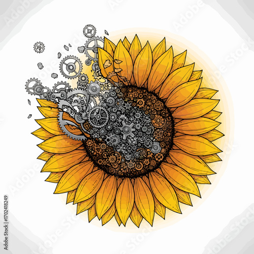 Sunflower with mechanical gears and clockwork elements isolated on white background silhouette