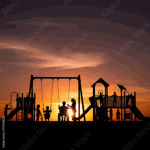 Children playing on playground equipment at sunset silhouette isolated on white background