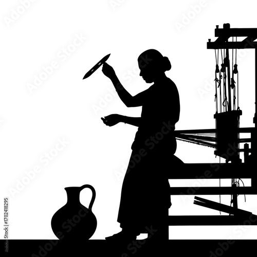 Woman weaving fabric on a loom with a jug isolated on white background silhouette