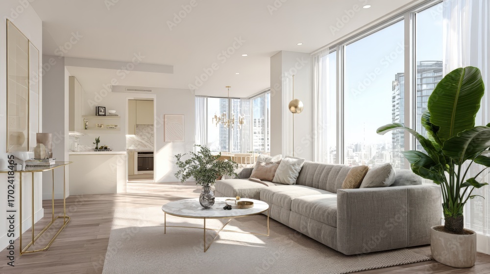 Fototapeta premium Bright and Airy Modern Living Space in a High Rise Apartment with City Views