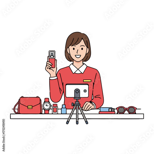 Woman showing cosmetics and accessories in live streaming