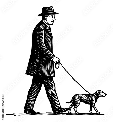 Vintage Gentleman Walking Dog on Leash Retro Style Side View Black and White Outline Line Art Drawing