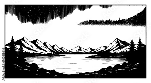 Arctic Landscape with Lake Mountains and Aurora Northern Lights Black and White Outline Line Art Drawing