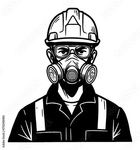 Man in Hard Hat and Mask Protecting from Hazard Cartoon Style Black and White Outline Line Art Drawing
