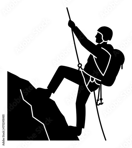 Mountain Climber Ascending Rock with Rope Simple Logo Black and White Outline Line Art Drawing