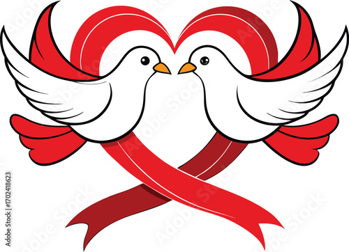 Two doves gently holding a vibrant red ribbon heart in their beaks