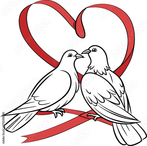 Two doves carrying a vibrant red heart shaped ribbon in their beaks