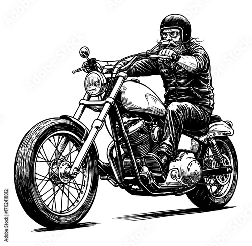 Cool Bearded Man Riding Chopper Motorcycle in Vintage Style Black and White Outline Line Art Drawing
