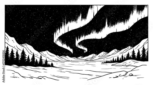 Arctic Landscape with Aurora Borealis Mountains Forest Night Sky Black and White Outline Line Art Drawing