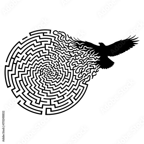 Eagle flying out of a circular maze silhouette isolated on white background