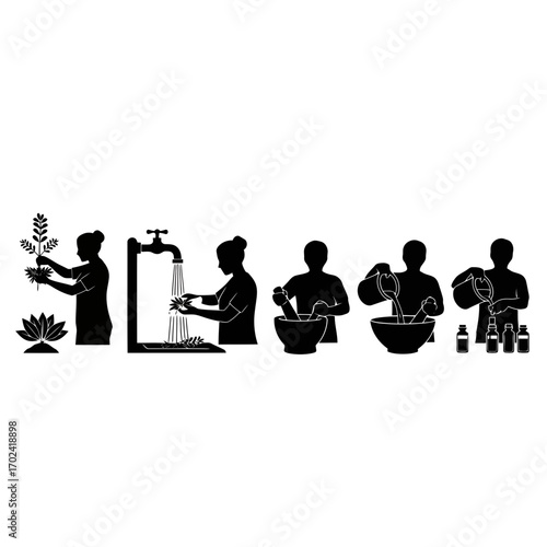 Herbal preparation process silhouette isolated on white background