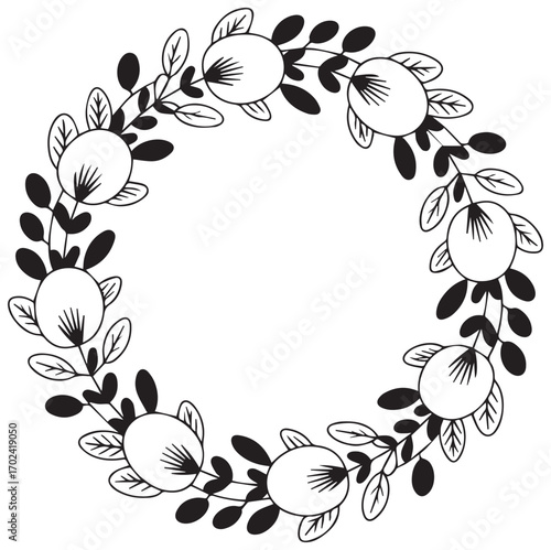 Black and white circular frame of leaves and buds leaf wreath
