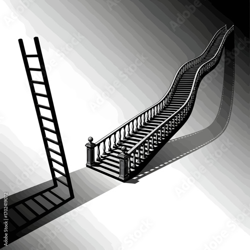 Ladder and ornate staircase silhouette isolated on white background