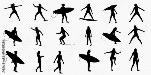 Silhouettes of women in various surfing poses and carrying surfboards on a transparent background.