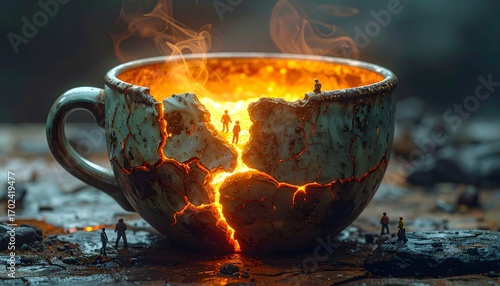 Surreal broken coffee cup with fiery core and miniature figures exploring a mysterious, glowing world, dreamlike scene