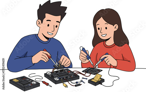 Boy and girl building electronic circuits, using soldering tools, learning technology, working together on STEM experiment, flat vector illustration