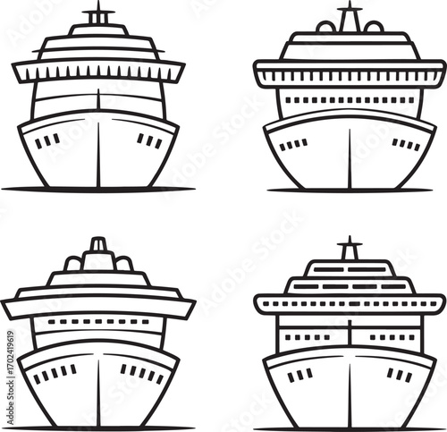 Set of Cruise ship Outline vector illustration isolated On Transparent Background
