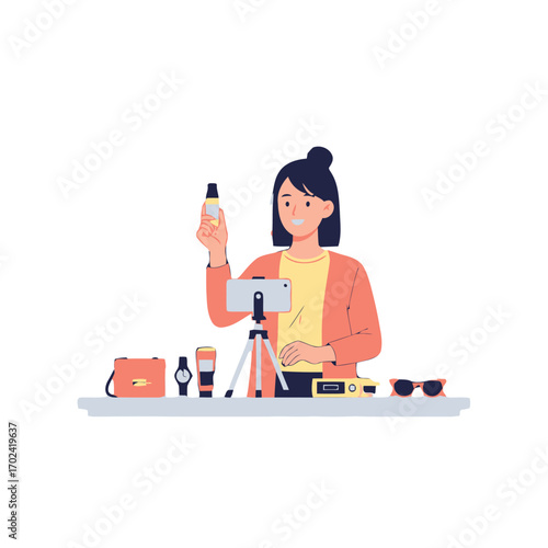 A woman is recording a video review beauty products