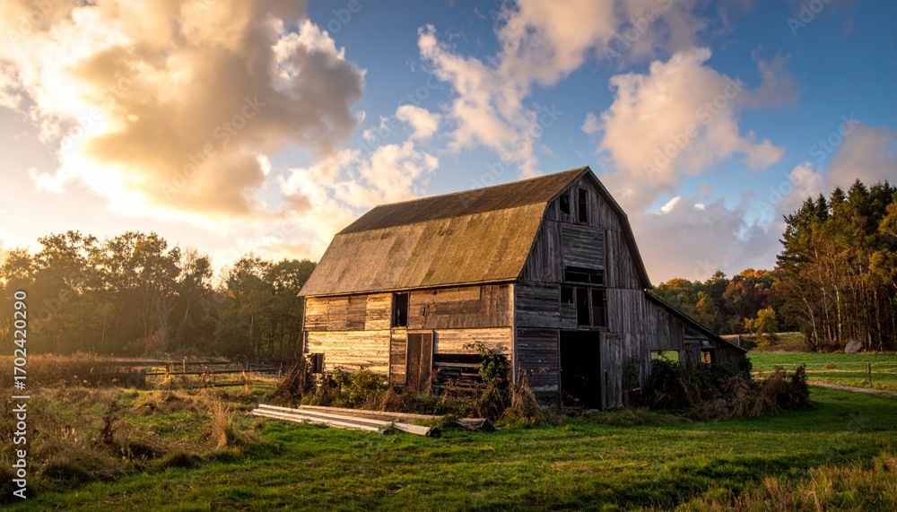Obraz premium Rustic Wooden Barn at Sunset in a Serene Countryside Landscape